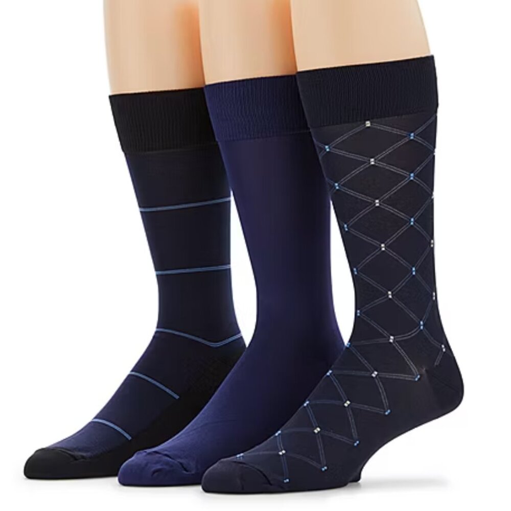 Stafford Microfiber 3 Pair Big and Tall Crew Socks Mens Blue Stripe Sz.6 1/2-12